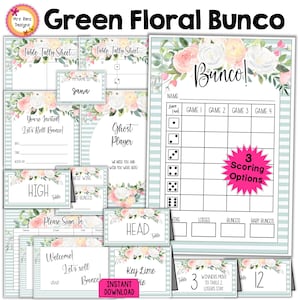 Floral Bunco Bundle Scorecards Tally Sheets Table Numbers w Moving Directions Invitations Food Cards Prize Tags Ghost Card Name Tags Signs