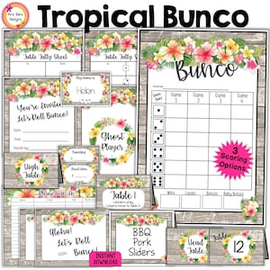 Tropical Flowers Bunco Bundle Luau Bunco Score Cards Tally Sheets Table Numbers Invites Ghost Prize Tags Name Tags Table Tents Food Cards