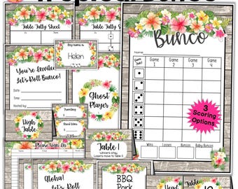 Tropical Bunco Party Bundle: Luau Score Cards, Table Tents (Digital Download)
