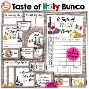 A Taste of Italy Bunco Scorecards Italian Theme Party Kit with Tally Sheets Table Numbers Invitations Ghost Door Signs Food Cards Name Tags