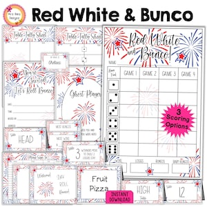 Juli Bunco Bundle 27pgs Patriotisch Rot Weiß & Bunco Scorecards Tally Sheets Tischnummern Umzugsanweisungen Ghost Food Cards Preisanhänger Mehr
