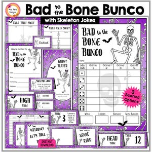 Paquete Bunco de Halloween más tarjetas de puntuación Bunco con chistes de esqueletos, hojas de recuento, números de mesa, tarjetas de comida fantasma, letrero de bienvenida, etiquetas de premio, etiquetas con nombres
