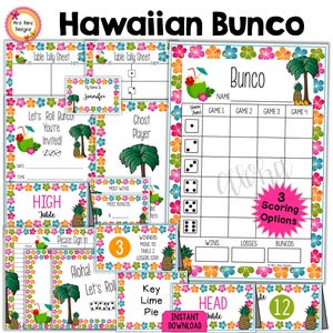 Hawaiianische Bunco Scorekarten Tropische Strand Bunco Ergebnislisten Tally Sheets Tischkarten Einladungen Geisterparty Essenskarten Preisschilder Nametags