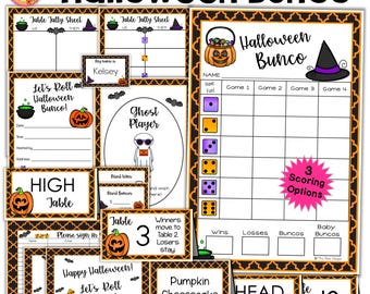Lot Halloween Bunco, 27 pages, cartes de pointage Bunco d&#39;octobre, numéros de table, invitations, feuilles de pointage, cartes de nourriture de fête fantôme, étiquettes de prix, étiquettes de nom
