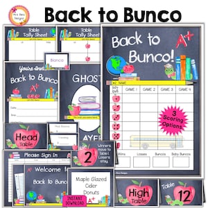 Voltar para Bunco Bundle Setembro Folhas de pontuação do Bunco Convites Folhas de contagem Números de mesa Cartões de comida Etiquetas de prêmio Etiquetas de nome Placas Fantasma