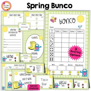 May include: A set of spring-themed Bunco game printables. Includes scorecards, invitations, and table cards. The design features yellow wellington boots, watering cans, butterflies, and a sun on a green and white checkered background.