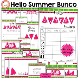 May include: A printable set of watermelon-themed Bunco game cards. The cards feature watermelon slices, green and pink stripes, and the text "Hello Summer Bunco".