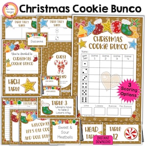 Kerst Bunco Kerstkoekje Thema Bunco-scorekaarten Notitieblaadjes Uitnodigingen Tafelnummers Spooknaamkaartjes Prijskaartjes Voedselkaarten Borden