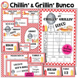 Paquete Bunco de verano Tarjetas de puntuación Bunco con temática de barbacoa Números de mesa Hojas de conteo Invitaciones Tarjetas de comida fantasma Etiquetas de premios Tarjetas Bunco de barbacoa