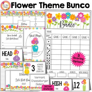Lustige Blumen Bunco Party Kit Scorecards Tally Sheets Tischnummern mit Bewegungsrichtungen Willkommensschilder Lebensmittelkarten Geist Namensschilder Preisschilder