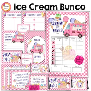Pacchetto Bunco per camioncini dei gelati Fogli di punteggio Bunco per gelati Fogli di conteggio Numeri dei tavoli Inviti fantasma Carte per cibo per feste Etichette con i nomi Etichette per premi
