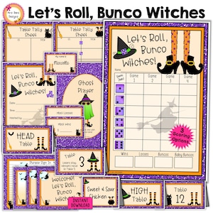 May include: A collection of printable Bunco game materials featuring a purple glitter border and Halloween-themed graphics including witch hats, striped stockings, and black cats. The set includes scorecards, table signs, and name tags with text such as Let's Roll, Bunco Witches, Head Table, and Ghost Player.