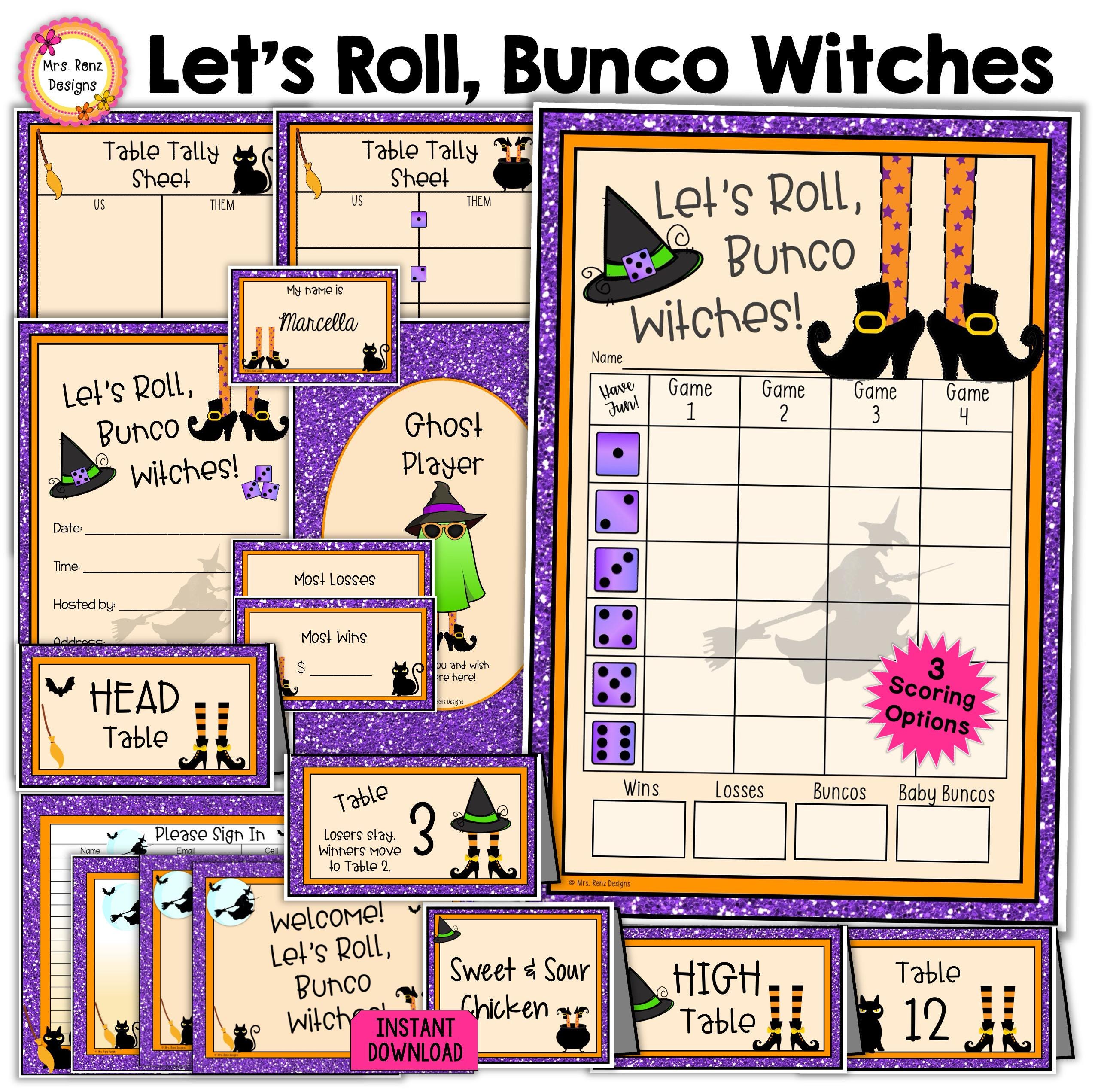 Halloween Witches Bunco Score Cards Tally Sheets Table Numbers Invitations Ghost Player Food Cards Name Tags Prize Tags Welcome Door Signs