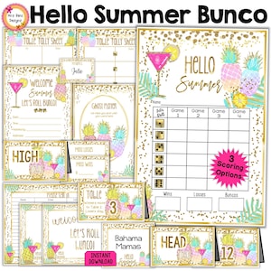 PAQUETE Bunco de verano 27 páginas de tarjetas de puntuación Bunco de piña dorada Hojas de conteo Números de mesa, invitaciones, fantasmas, letreros, tarjetas de comida, etiquetas de premios MÁS
