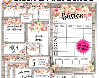 May include: A set of printable Bunco game cards with a blush pink and white floral design. The cards include a table tally sheet, a sign-in sheet, a welcome sign, a ghost player card, a table number card, and a scorecard. The cards are designed for a Bunco party.