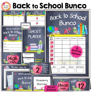Pacote Bunco de volta às aulas 27 páginas Folhas de pontuação Bunco de setembro Números de mesa Folhas de contagem Números de mesa Etiquetas de prêmio Sinais Etiquetas de nome Cartões de comida