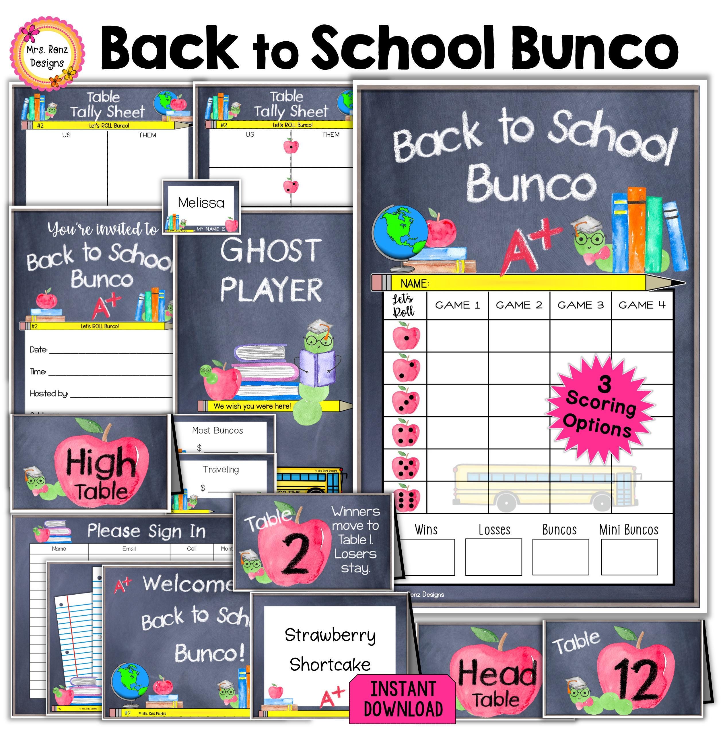 Back to School Bunco Bundle 27pgs September Bunco Score Sheets Table Numbers Tally Sheets Table Numbers Prize Tags Signs NameTags Food Cards