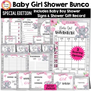 Baby Shower Bunco Special Edition Mädchen Baby Shower Spiel Bunco Scorekarten Tischnummern Einladungen Essenkarten Schilder Namensschilder Geschenkliste