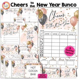 Pacote Bunco Feliz Ano Novo 27pgs Cartões de Pontuação Bunco Ano Novo Folhas de Contagem Números de Mesa Convites Etiquetas de Prêmio Fantasma Cartões de Comida Etiquetas de Nome