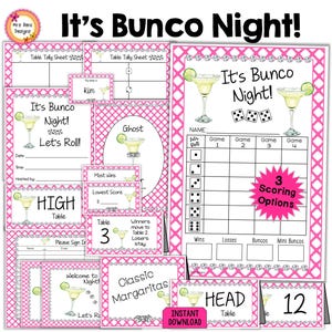 Bunco Night Margarita Themed Bunco Scorecards Tally Sheets Table Numbers w Moving Directions Invitations Ghost Food Cards Prize Tags Signs