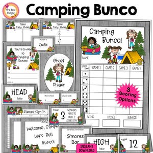 Lot Camping Bunco Cartes de pointage Numéros de tableau avec indications routières Feuilles de pointage Cartes de repas de fête Invitations Panneaux de bienvenue Étiquettes de nom et plus