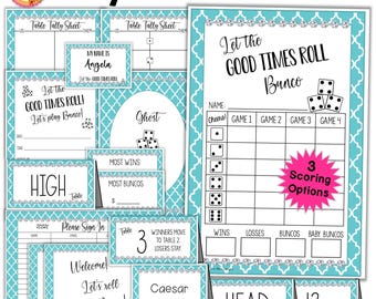 May include: Printable game cards for a Bunco game. The cards are turquoise with a white diamond pattern. The cards include the words "Let the Good Times Roll!" and "Bunco".