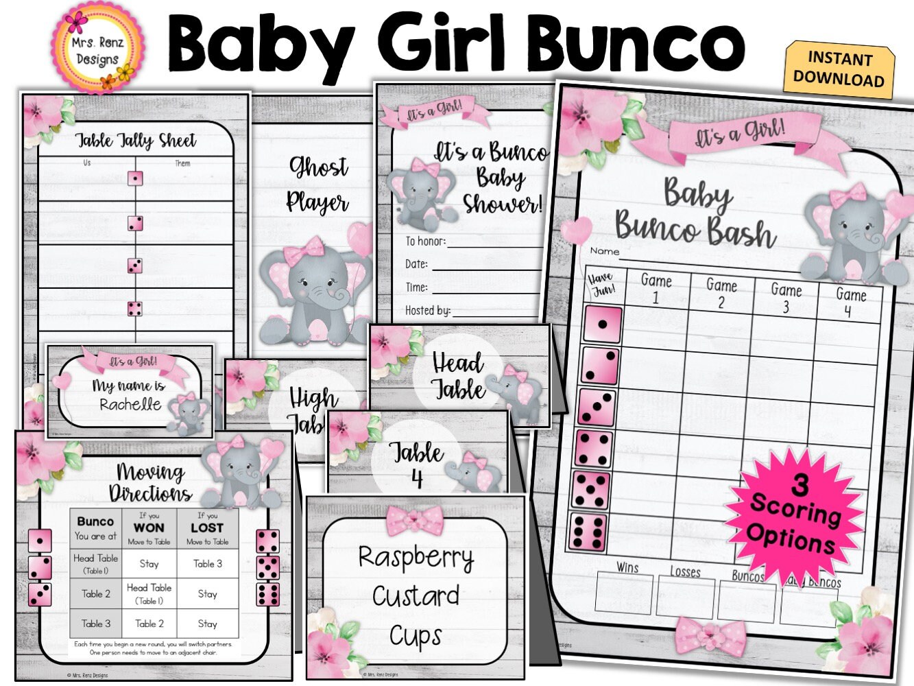 Girl Baby Shower Bunco 20 Pages Bunco Score Cards Table - Etsy