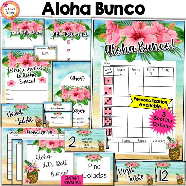 Aloha Bunco Bundle 27pgs Tropical Hawaiian Beach Bunco Scorecards Table Tally Sheets, Table Numbers, Moving Directions, Invitations, & MORE!