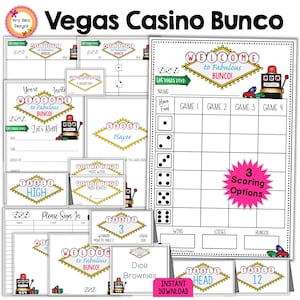 Cartões de pontuação Bunco do cassino de Las Vegas, folhas de contagem, números de mesa, convites, placas de boas-vindas fantasma, etiquetas de prêmios, etiquetas de nome, cartões de comida, mais
