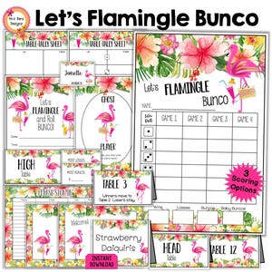 Flamingo Bunco Scorecards Party Bundle: Tropical Summer Printables (PDF Download)