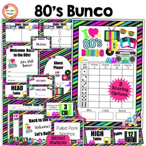 Kit de fête Bunco des années 80 Cartes de pointage Bunco des années 80 Feuilles de pointage de table Invitations numéros de table avec indications routières Cartes de nourriture Étiquettes de prix