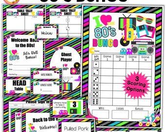 80s Bunco Party Kit Back to the 1980s Bunco Scorecards Table Tally Sheets Invites Table Numbers w Moving Directions Food Cards Prize Tags