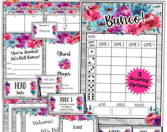 May include: Printable game cards for a Bunco party with a floral theme. The cards feature watercolor peonies in shades of pink, purple, and blue. The text on the cards includes "Bright Peonies Bunco", "You're Invited! Let's Roll Bunco!" and "Table 3".