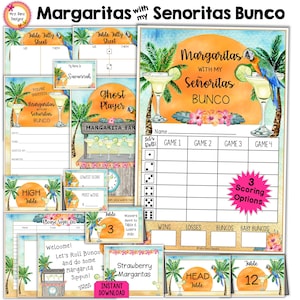 Margaritas with My Senoritas Bunco Scorecards Tally Sheets Invites Table Numbers Ghost Prize Tags Door Sign Name Tags Party Food Card Bundle