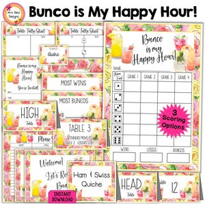 Happy Hour Bunco Bundel scorecards Tabelnummervellen Voedselkaarten Welkom Deurbord Uitnodigingen Tafelnummers Routebeschrijving Naamkaartjes