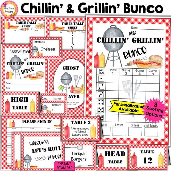 Summer Bunco Bundle 27pgs Barbecue Theme Bunco Scorecards Table Numbers Tally Sheets Invitations, Ghost Player, Food Cards Prize Tags & MORE