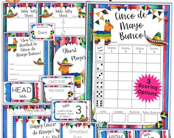 May include: Printable Cinco de Mayo Bunco game set with colorful Mexican-themed designs. Includes scorecards, table numbers, tally sheets, and a "Ghost Player" card.