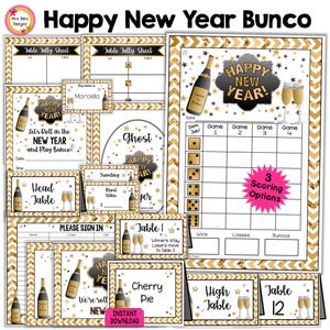 Bonne année Feuilles de pointage Bunco Feuille de pointage de table Numéros de table Invitations Panneaux de bienvenue du joueur fantôme Étiquettes de prix Étiquettes de nom Nains d'or