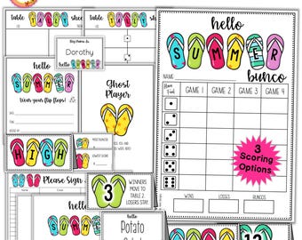 Puede incluir: Una colección de materiales imprimibles para el juego Bunco con ilustraciones de chanclas coloridas y el texto Hello Summer Bunco. El set incluye tarjetas de puntuación, letreros de mesa, etiquetas de nombre y tarjetas con gráficos de dados y motivos veraniegos.