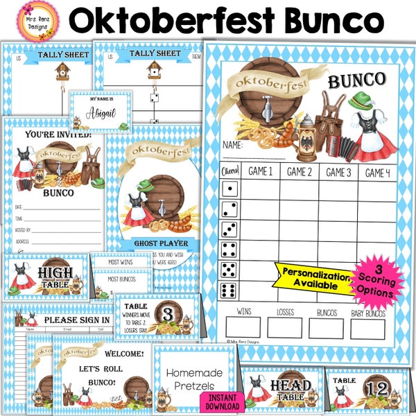 Oktoberfest Bunco Bundle 27pgs of Octoberfest Bunco Score Sheets Tally Sheets Invitations Food Cards Prize Tags Welcome Signs Table Numbers