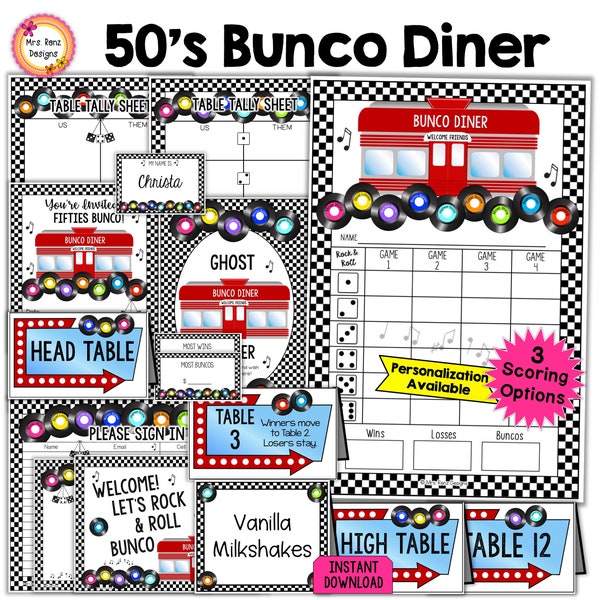 50's Diner Bunco BUNDLE 27pgs Fifties Bunco Score Cards Table Tally Sheets Table Numbers Invites Ghost Food Cards Name Tags Signs and MORE