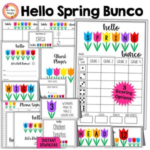 May include: Printable game cards for a spring-themed Bunco game. The cards feature a colorful tulip design with the words "Hello Spring Bunco". The cards include a scorecard, a "Ghost Player" card, and a "High" card.