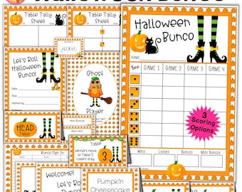 Lot Halloween Bunco Cartes de pointage Bunco d&#39;octobre Feuilles de pointage Numéros de table Instructions de déplacement Invitations Cartes de nourriture fantôme Panneaux Étiquettes de prix