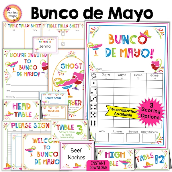 Cinco de Mayo Bunco BUNDLE 27pgs of Fiesta Bunco Score Sheets Tally Sheets Table Tents Invites Ghost Food Cards Prize Tags Welcome Signs