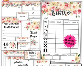 May include: Printable cream and pink floral themed Bunco game set with a table tally sheet, invitation, scorecard, and table numbers. The set includes the text "You're Invited! Let's Roll Bunco!" and "Welcome! Let's Roll Bunco!"