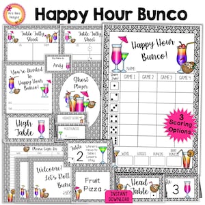 Happy Hour Bunco Party Kit Scorecards Telbladen Tabelnummers Uitnodigingen Prijskaartjes Voedselkaarten Welkomstborden Naamkaartjes Direct downloaden
