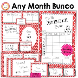 Red Bunco Party Bundle: Score Cards, Invitations, Table Numbers (PDF)