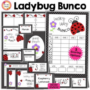 Coccinella Bunco, segnapunti, fogli di conteggio, inviti, cartelli di benvenuto, etichette con i nomi, biglietti per il cibo, etichette con i premi, numeri da tavolo, etichette con i nomi dei fantasmi, etichette con i premi