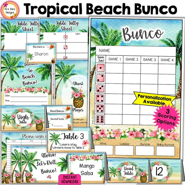 Tropical Beach Bunco Bundle 27pgs Luau Bunco Scorecards Table Tally Sheets Table Numbers Party Food Cards Prize Tags Name Tags Invitations