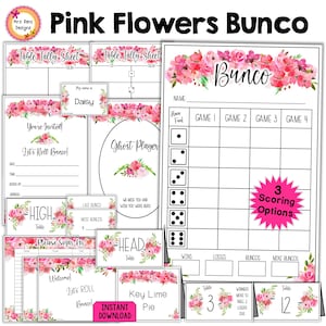 Pink Flowers Bunco Bundle of Floral Pink Bunco Score Cards Tally Sheets, Table Numbers Invitations Ghost Food Cards Prize Tags Name Tags